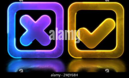Looping neon glow effect Check mark correct icon with cross icon. Black ...