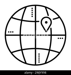 Worldwide shipping, black line vector icon, pictogram of a globe and destination Stock Vector