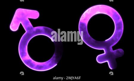 Glowing looping man woman symbol neon frame effect, black background ...