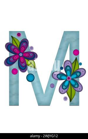 Teal colored letter M, paper style letters are decorated with colorful flowers.  Circles and polka dots are sprinkled on letter. Stock Photo