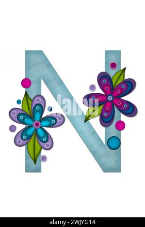 Teal colored letter N, paper style letters are decorated with colorful flowers.  Circles and polka dots are sprinkled on letter. Stock Photo
