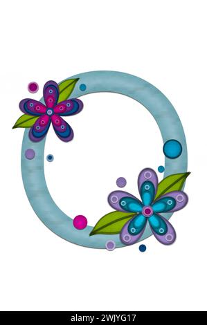Teal colored letter O, paper style letters are decorated with colorful flowers.  Circles and polka dots are sprinkled on letter. Stock Photo
