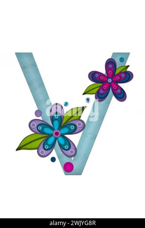 Teal colored letter V, paper style letters are decorated with colorful flowers.  Circles and polka dots are sprinkled on letter. Stock Photo