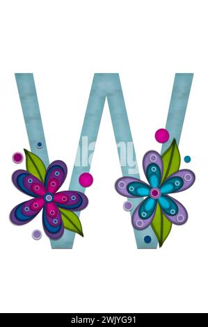 Teal colored letter W, paper style letters are decorated with colorful flowers.  Circles and polka dots are sprinkled on letter. Stock Photo