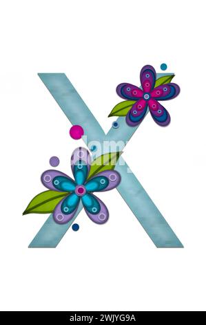 Teal colored letter X, paper style letters are decorated with colorful flowers.  Circles and polka dots are sprinkled on letter. Stock Photo