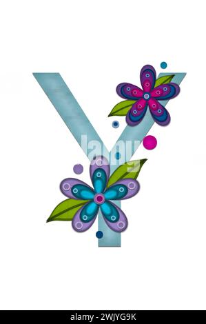 Teal colored letter Y, paper style letters are decorated with colorful flowers.  Circles and polka dots are sprinkled on letter. Stock Photo