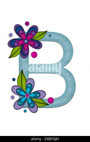Teal colored letter B, paper style letters are decorated with colorful flowers.  Circles and polka dots are sprinkled on letter. Stock Photo
