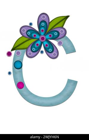 Teal colored letter C, paper style letters are decorated with colorful flowers.  Circles and polka dots are sprinkled on letter. Stock Photo