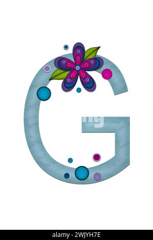 Teal colored letter G, paper style letters are decorated with colorful flowers.  Circles and polka dots are sprinkled on letter. Stock Photo