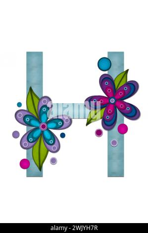 Teal colored letter H, paper style letters are decorated with colorful flowers.  Circles and polka dots are sprinkled on letter. Stock Photo