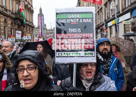 Glasgow, Scotland, UK. 17th February, 2024. People supporting Palestine attend a rally at George Square to protest against the ongoing Israeli - Palestinian conflict and then take to the streets to march through the city to protest outside the Scottish Event Campus, SEC, where the Scottish Labour Party are holding their annual conference. Credit: Skully/Alamy Live News Stock Photo