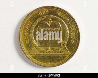 Nicolas-Marie Gatteaux (1751-1832). 'Function medal of the Council of five hundred, 3rd session, May 20, 1798'. Brass, 1798. Paris, Carnavalet museum. 57573-14 3rd session, five hundred, old council, French constitution, board, function, brass, law, medal, numismatics, parliament, first republic, senat Stock Photo