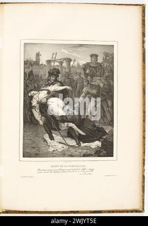 Nicolas-Eustache Maurin (1799-1850). 'Fake album' La Esmeralda '. Death of Esmeralda'. Lithography on paper. 1834. Paris, house of Victor Hugo. 101112-2 Drawing, Being, crowd, heroine, illustration, lithography, death, litter work, novel, XIXth 19th 19th 19th 19th 19th century Stock Photo