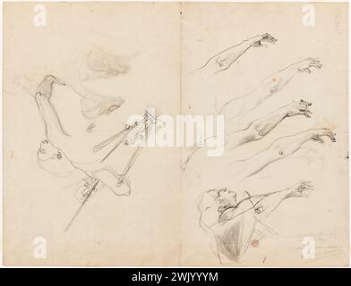 BAUDRY, Paul-Aimé-Jacques (n.1828-11-07-D.1886-01-17), woman in profile on the right and four arm studies, bust of man and violin studies (recto) ( Main title). Black pencil on white paper folded in half. Petit Palais, Museum of Fine Arts of the City of Paris. Stock Photo