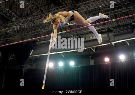 Molly Caudery clears 4.61 m during the Pole Vault - Women Final during day one of the 2024 Microplus UK Athletics Indoor Championships at the Utilita Arena, Birmingham. Picture date: Saturday February 17, 2024. Stock Photo