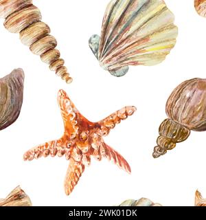 Seashells, starfish, seamless pattern, watercolor. Sea life vector illustration. Cards, travel banners, covers, labels, textiles, fabric, packaging. Stock Vector