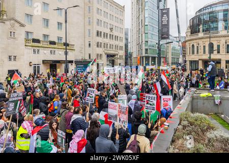 Leeds, UK. 17 FEB, 2024. Pro Palestine demonstrators gather in City Square to listen to speeches. Credit Milo Chandler/Alamy Live News Stock Photo