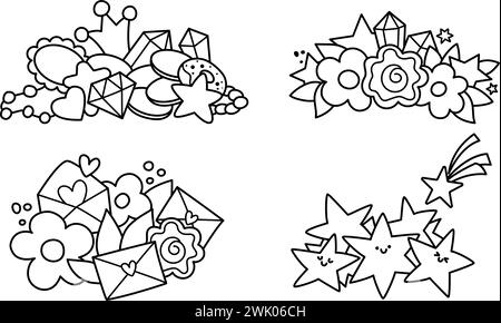 Vector black and white unicorn treasures set. Cute line compositions with letters, hearts, flowers, pile of fallen stars, diamonds and crown. Magic or Stock Vector