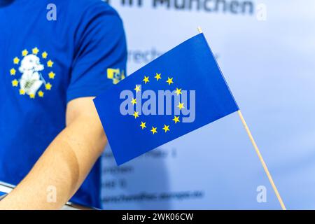 Augsburg, Bavaria, Germany - February 2, 2024: Flag of the European Union at a trade fair stand at the AFA trade fair in Augsburg *** Fahne der Europäischen Union an einem Messestand auf der AFA Messe in Augsburg Stock Photo