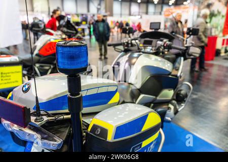 Augsburg, Bavaria, Germany - February 2, 2024: Police motorcycle at the spring exhibition AFA fair in Augsburg *** Polizei Motorrad auf der Frühjahresausstellung AFA Messe in Augsburg Stock Photo