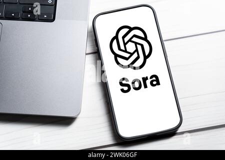 February 17, 2024: OpenAI Sora logo on a smartphone display FOTOMONTAGE *** OpenAI Sora Logo auf einem Smartphone Display FOTOMONTAGE Stock Photo