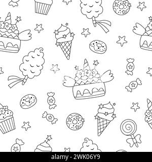 Vector black and white seamless pattern with sweets. Cute line rainbow, unicorn themed repeat background with cake, ice cream, lollypop, cotton candy, Stock Vector