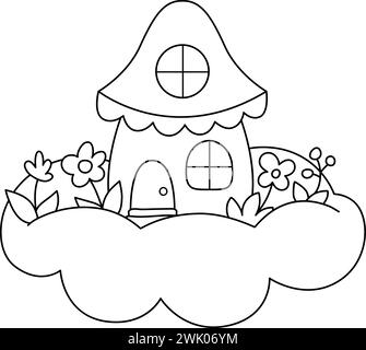 Vector black and white fairy or unicorn house on cloud. Fantasy line world home icon with flower garden, purple roof, ladder. Fairy tale princess hous Stock Vector