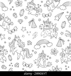 Vector black and white unicorns seamless pattern. Repeat background with fairytale characters, animals with horn, rainbow, falling star, crystal. Fant Stock Vector