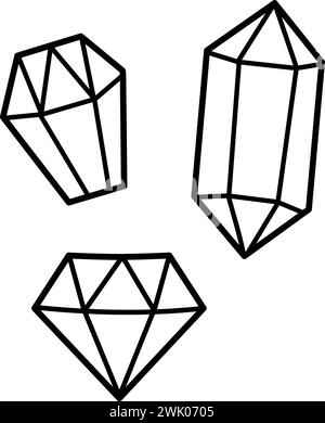 Vector black and white crystals. Unicorn treasures concept. Outline diamond icons. Magic or fairytale precious stone line decoration for cards isolate Stock Vector