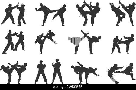 Taekwondo silhouette, Martial arts silhouettes, Taekwondo clipart, Taekwondo bundle set Stock Vector