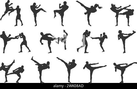 Kickboxing silhouette, Kickboxer silhouette, Kickbox silhouettes, Kickboxing, Kickboxing clipart. Stock Vector