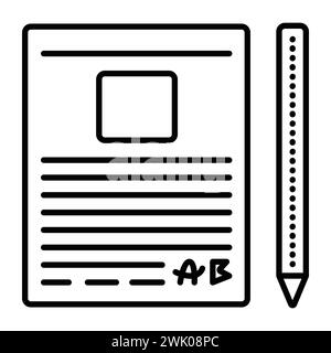 Document template and pen, black line vector icon, pictogram of a paper form with place for a photo, conditional text and signature Stock Vector
