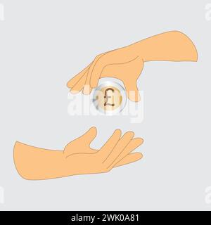 Transferring one pound coin from one hand to another Stock Vector