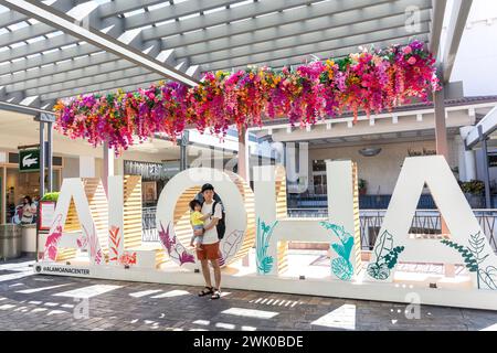 Aloha welcome sign at Ala Moana Shopping Centre, Ala Moana Boulevard, Honolulu, Oahu, Hawaii, United States of America Stock Photo