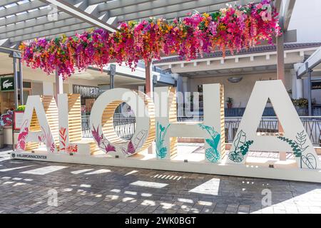 Aloha welcome sign at Ala Moana Shopping Centre, Ala Moana Boulevard, Honolulu, Oahu, Hawaii, United States of America Stock Photo