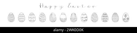 Set of hand drawn Easter eggs with patterns. With the greeting Happy Easter. Continuous one line drawing. Line art. Isolated on white background. Desi Stock Vector