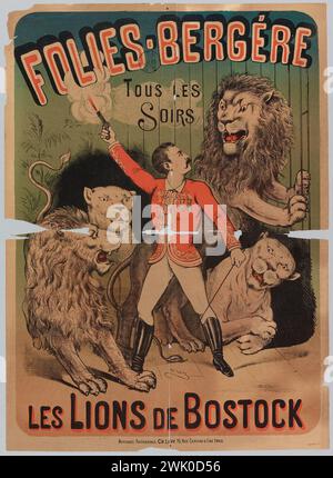 Lévy, Charles, Folies-Bergere/ Every/ night/ Lions of Bostock (Registered title (Letter)), 1882. Color lithography. Carnavalet museum, history of Paris. Stock Photo