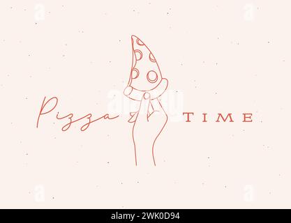 Hand holding slice of pizza with lettering drawing in linear style on beige background Stock Vector