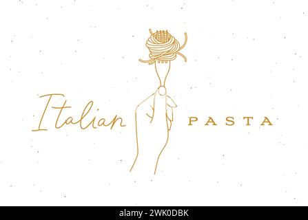 Hand holding fork with spaghetti lettering italian pasta drawing in linear style on beige background Stock Vector