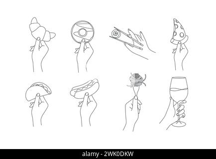 Hand holding food croissant, doughnut, sushi, pizza, taco, hot dog, spaghetti, wine drawing in linear style on white background Stock Vector