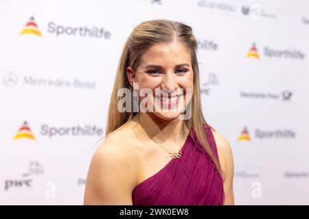 17 February 2024, Hesse, Frankfurt/Main: Gymnast Elisabeth Seitz, comes to the Ball of Sport 2024 in Frankfurt's Festhalle. Photo: Helmut Fricke/dpa Stock Photo