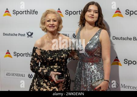 17 February 2024, Hesse, Frankfurt/Main: Former ice skater Marika Kilius and her granddaughter are coming to the 2024 Ball of Sport in Frankfurt's Festhalle. Photo: Helmut Fricke/dpa Stock Photo