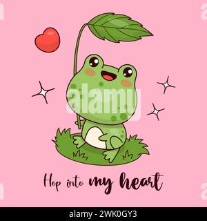 Cute frog sits under green leaf. Funny animal kawaii character. Vector illustration. Cool card with slogan. Kids collection Stock Vector