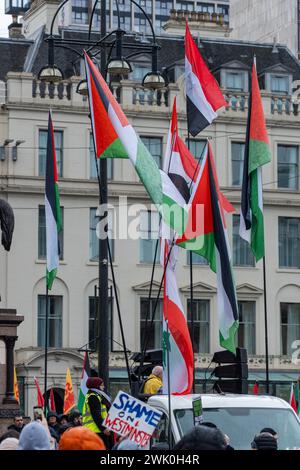 Glasgow, Scotland, UK. 17th Feb, 2023. Palestinian supporters from across Scotland attend a rally in George Square to demand a ceasefire in Gaza followed by a march to demand the same at the Scottish Labour Party conference taking place at the Scottish Exhibition Centre. Credit: R.Gass/Alamy Live News Stock Photo