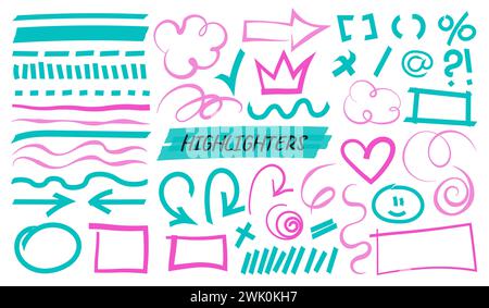 Multicolored highlight brush strokes and underlines. isolated elements. Stock Vector