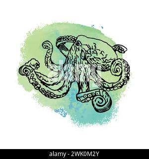 Octopus graphics. Vector illustration with a blue spot on the background. Design element for cards, covers, posters, banners, packaging, labels. Stock Vector