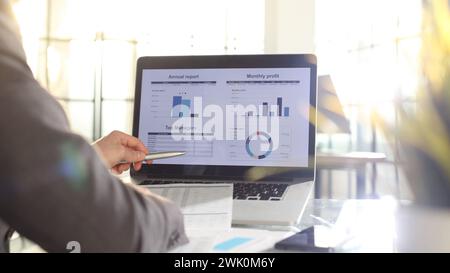 Checking charts on a laptop internet business Stock Photo