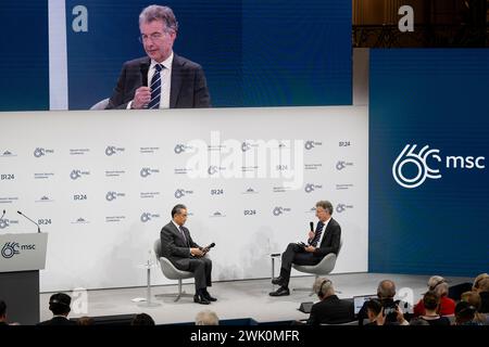 Munich, Germany. 17th Feb, 2024. Chinese Foreign Minister Wang Yi discusses “China in the World” with Conference Chairman Amb. Christoph Heusgen, right, on the main stage of the 60th Munich Security Conference at the Hotel Bayerischer Hof, February 17, 2024 in Munich, Germany. Credit: Stephan Goerlich/Munich Security Summit/Alamy Live News Stock Photo