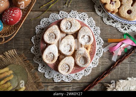 Egg shaped Linzer cookies baked for Easter, top view Stock Photo