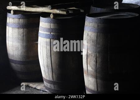 Three oak barrels in partial shadow in a barn Stock Photo